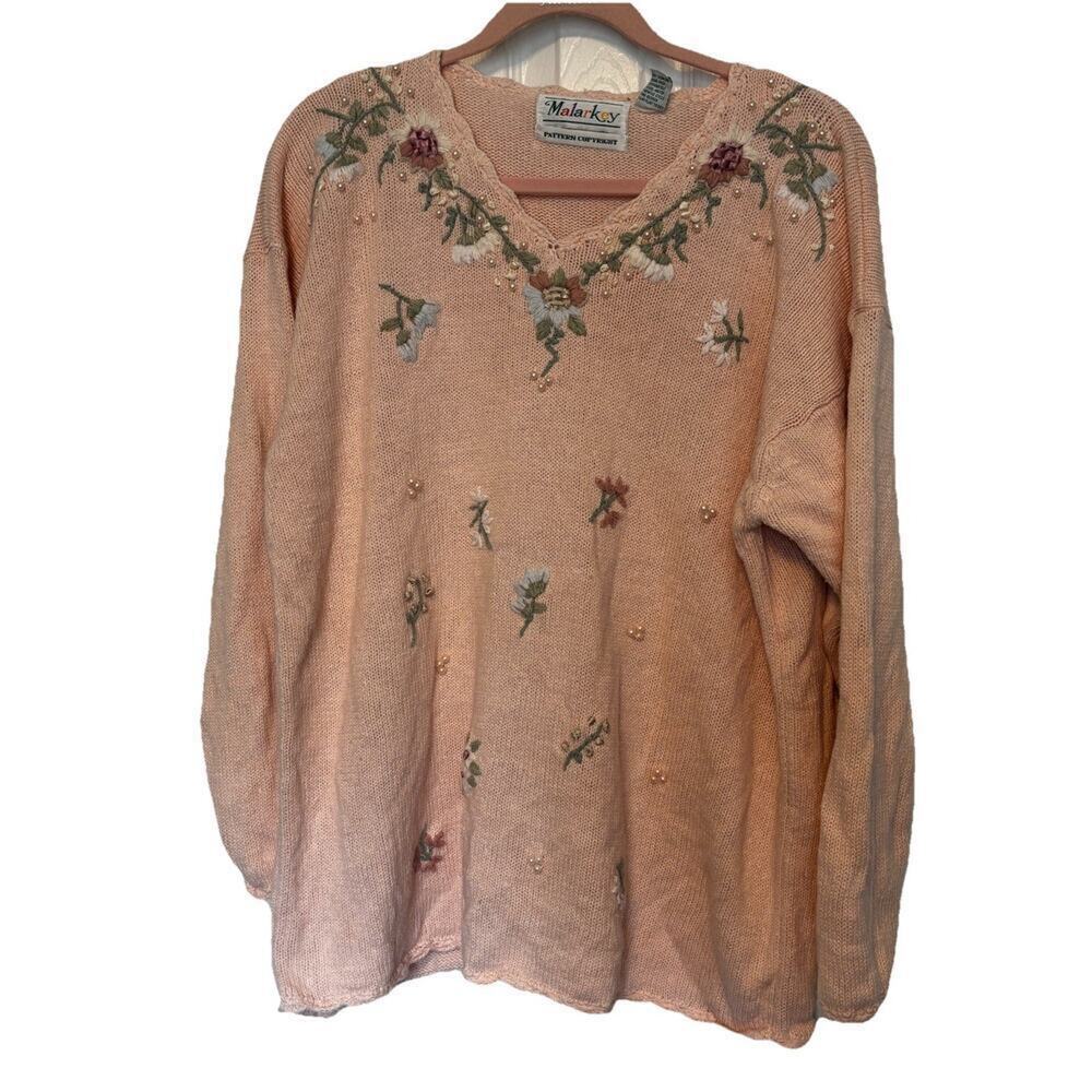 Malarkey Vintage Womens Sweater Lg Flowers Crochet Embroidery Pink Pearls Top